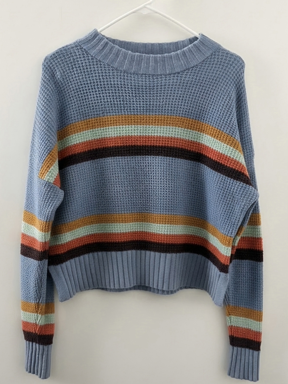 SO Pale Blue Crewneck Sweater with Multicolor Stripes